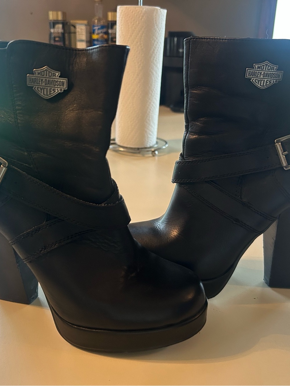 Harley-Davidson Black Leather Platform Heel Ankle Boots